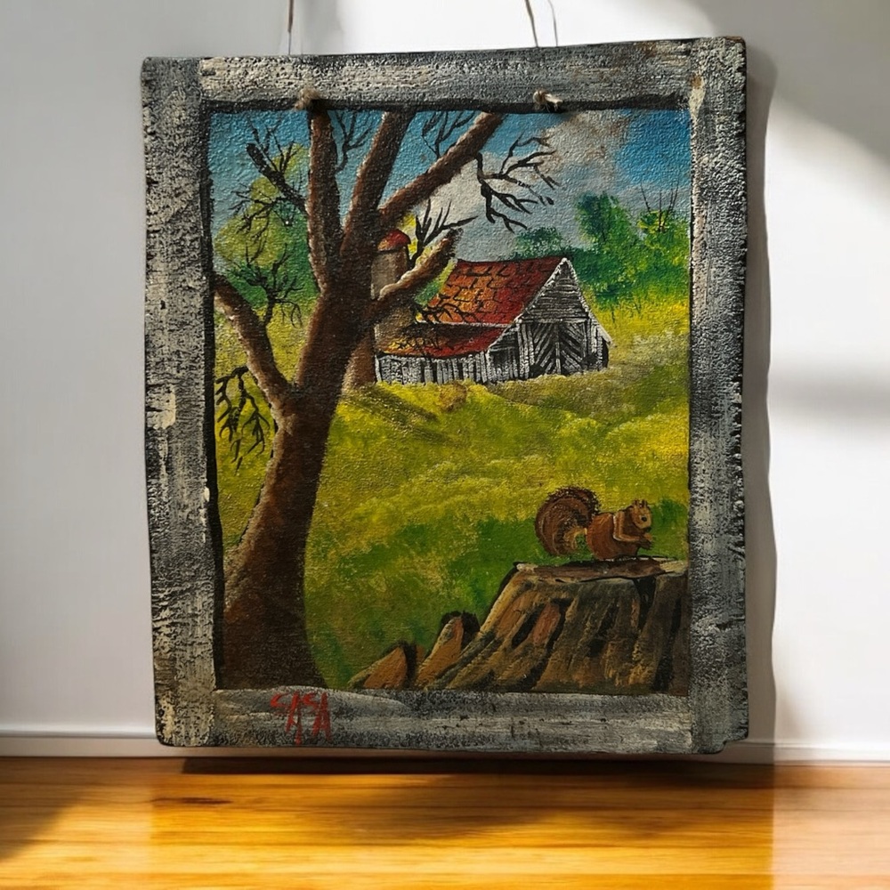 Rustic Barn and Squirrel Painting